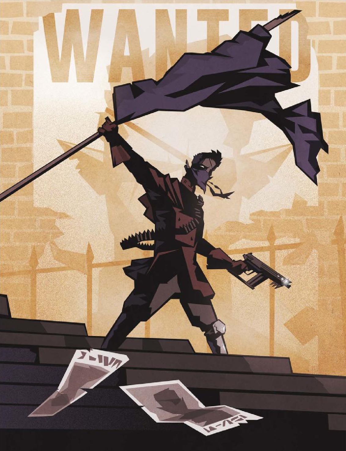 Illustration de la classe de brandon du jdr Spire, une silhouette de révolutionnaire armé et masqué brandissant à drapeau sombre devant une grande affiche où il y a écrit "Wanted".